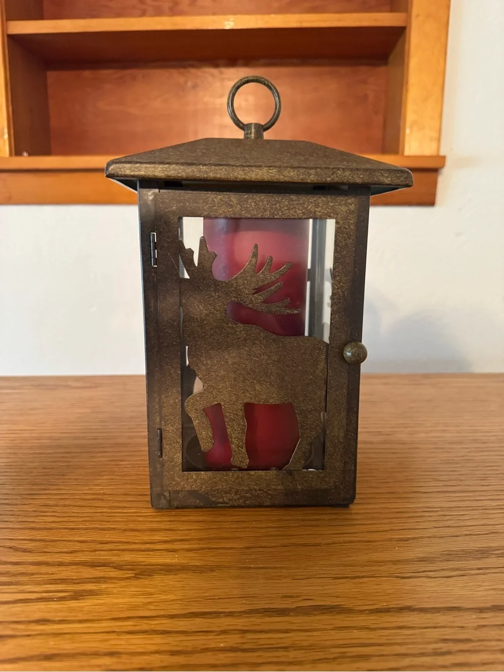 Rustic Moose Lantern Candle Holder - Brown with Red Accent Candle